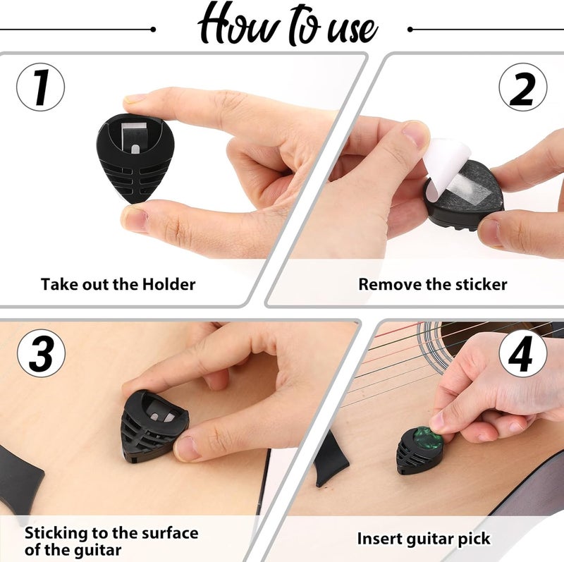 Styquenzer 24pcs Guitar Picks with Holder, Stick-on Pick Holder for Electric, Acoustic & Classical Guitars, Bass & Ukulele, 6 Pick Holders, 18 Picks, Black, Plastic - Image 3